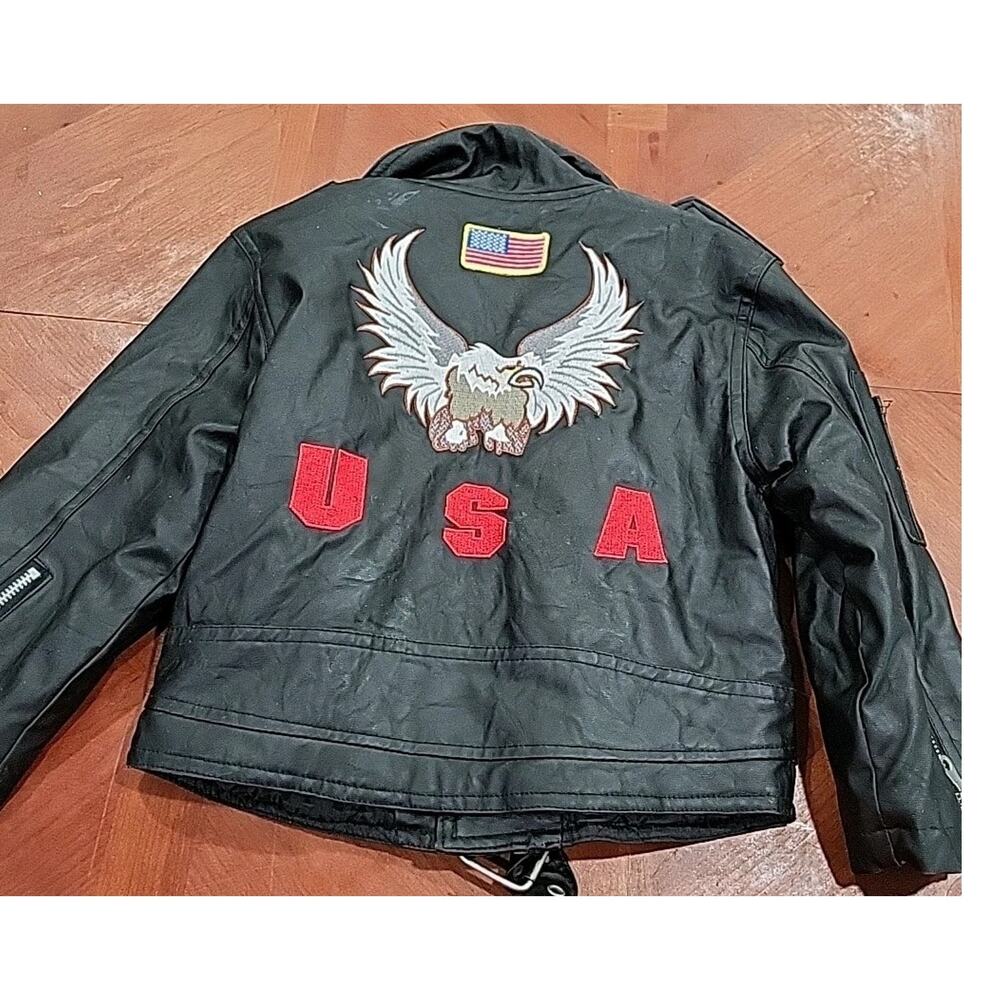 Outdoor Habitat Boys Black Biker Faux Leather Jacket Sz 4T USA Eagle Zip Buckle